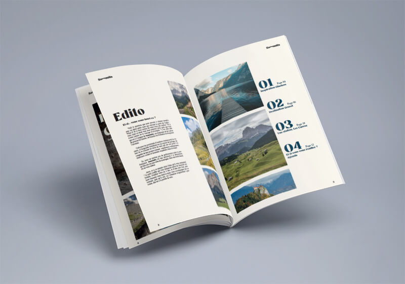 Double page du magazine Summits : l'édito et le sommaire.